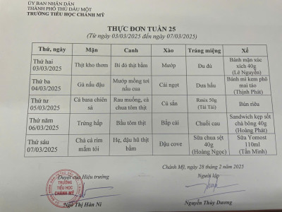 Thực đơn tuần 26 (Từ ngày 10/3 đến 15/03/2025)