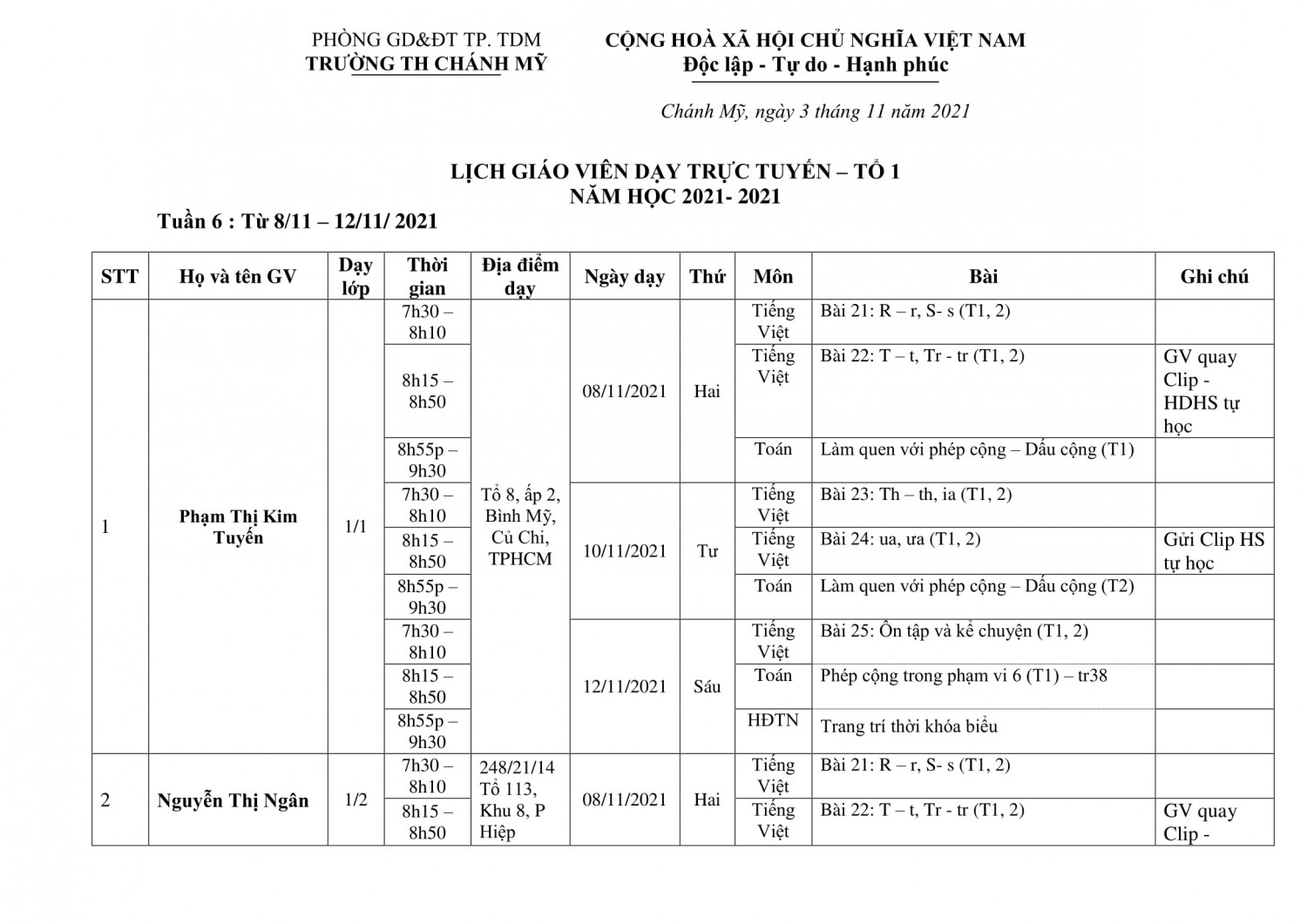 KH DẠY HỌC KHỐI 1 TUẦN 6 1