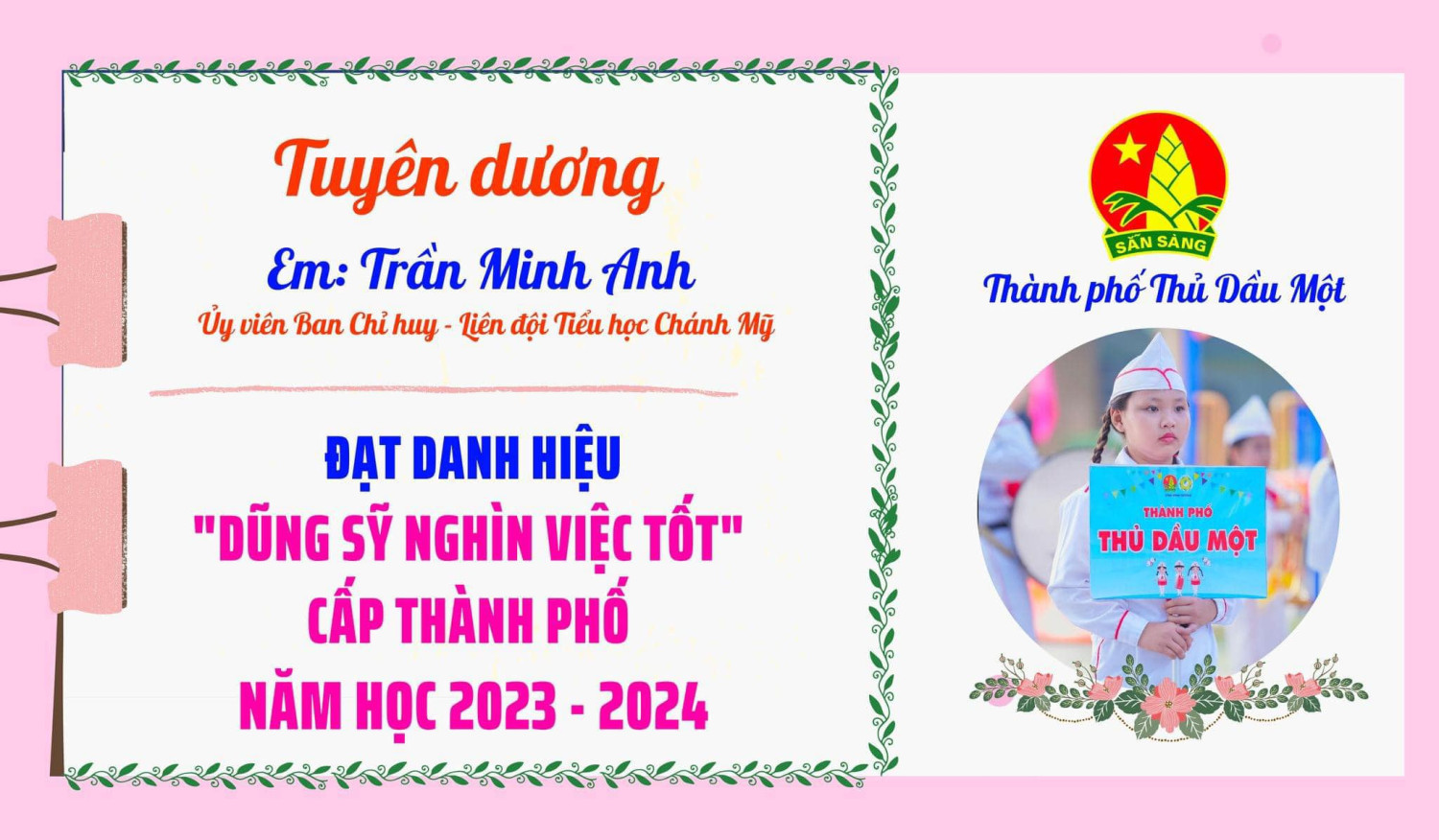 Tuyên dương em Trần Minh Anh - Ủy viên Ban Chỉ huy Liên đội trường Tiểu học Chánh Mỹ